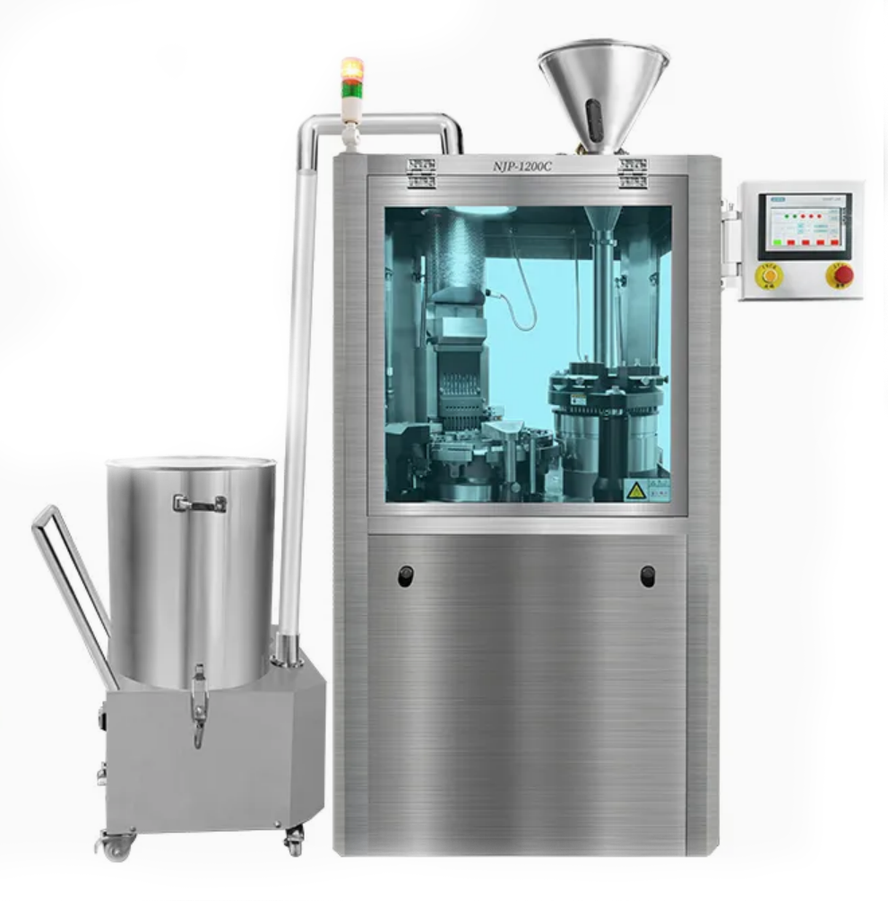 Automated capsule filling machine bottling capsules into containers